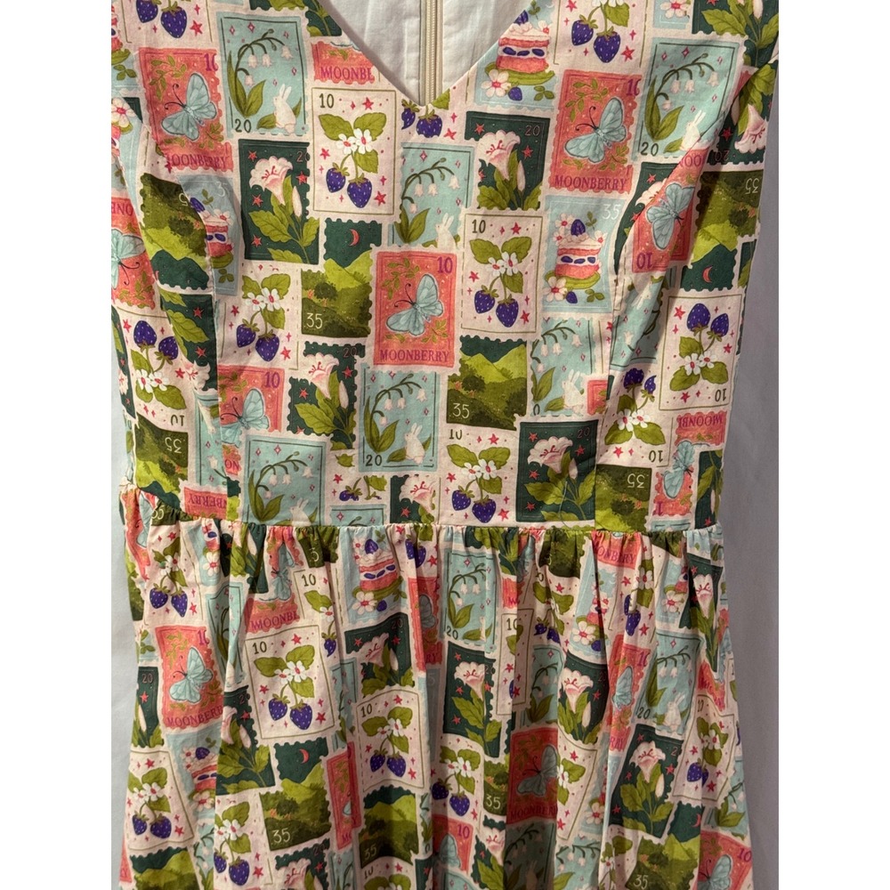 Tulip B Stamp Print Fit Flare Dress W M/L Pink Green Cottagecore Vintage Style - Picture 8 of 8
